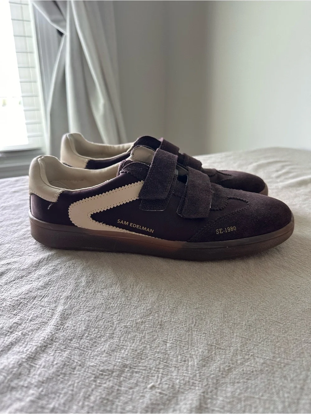 Sam Edelman Kids Brown Suede Velcro Sneakers with Cream Accent